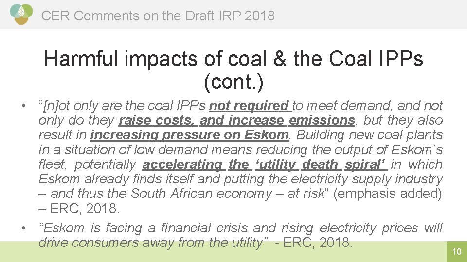 CER Comments on the Draft IRP 2018 Harmful impacts of coal & the Coal