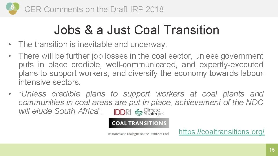 CER Comments on the Draft IRP 2018 Jobs & a Just Coal Transition •