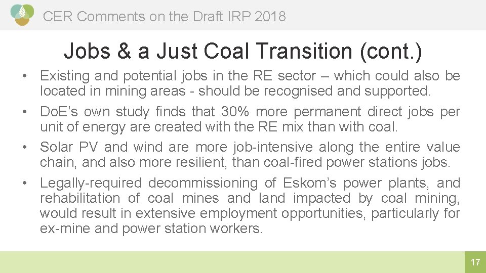 CER Comments on the Draft IRP 2018 Jobs & a Just Coal Transition (cont.