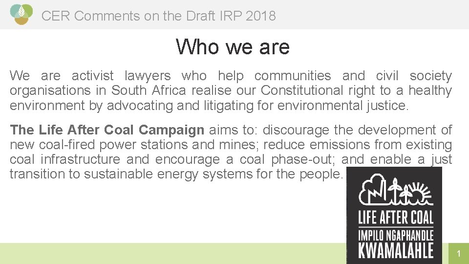 CER Comments on the Draft IRP 2018 Who we are We are activist lawyers