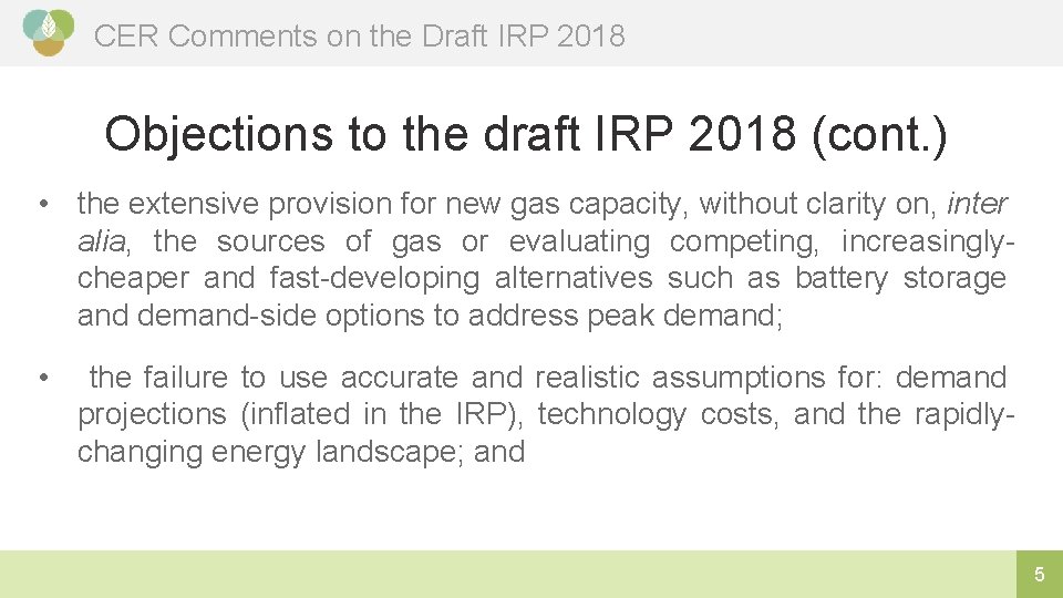 CER Comments on the Draft IRP 2018 Objections to the draft IRP 2018 (cont.