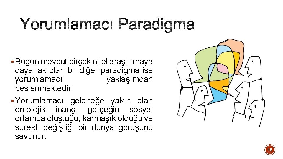 § Bugün mevcut birçok nitel araştırmaya dayanak olan bir diğer paradigma ise yorumlamacı yaklaşımdan