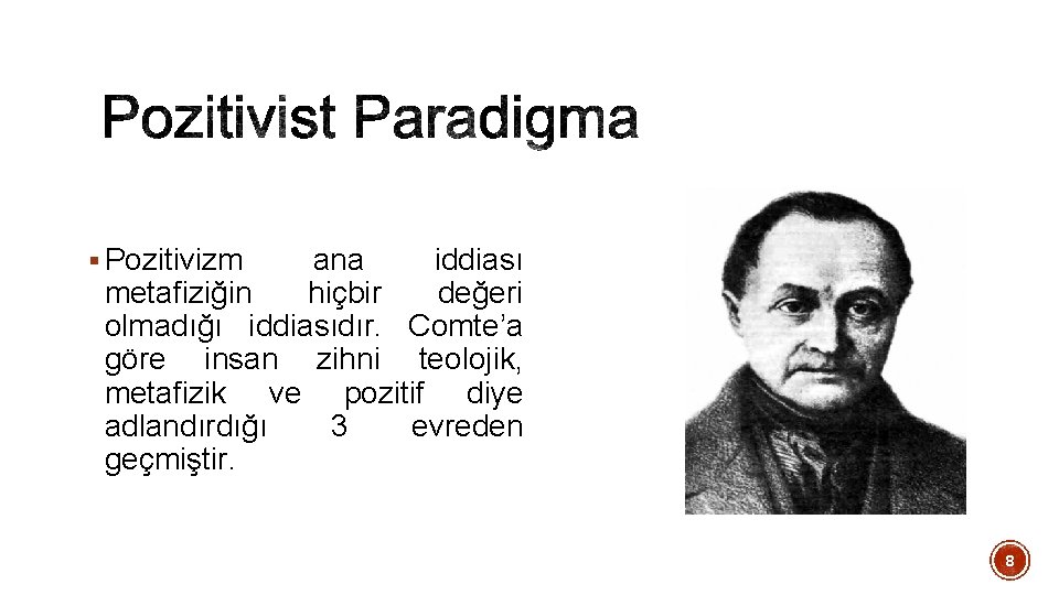 § Pozitivizm ana iddiası metafiziğin hiçbir değeri olmadığı iddiasıdır. Comte’a göre insan zihni teolojik,