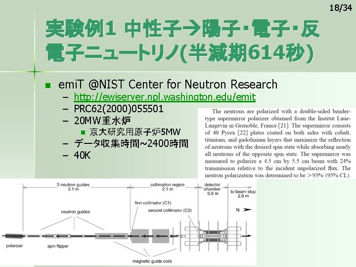 18/34 実験例1 中性子 陽子・電子・反 電子ニュートリノ(半減期 614秒) n emi. T @NIST Center for Neutron Research