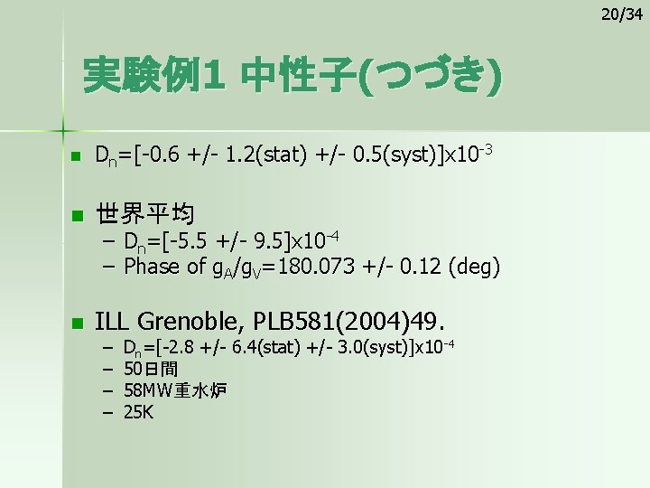20/34 実験例1 中性子(つづき) n Dn=[-0. 6 +/- 1. 2(stat) +/- 0. 5(syst)]x 10 -3