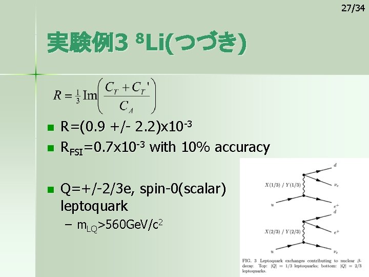 27/34 実験例3 8 Li(つづき) n n n R=(0. 9 +/- 2. 2)x 10 -3