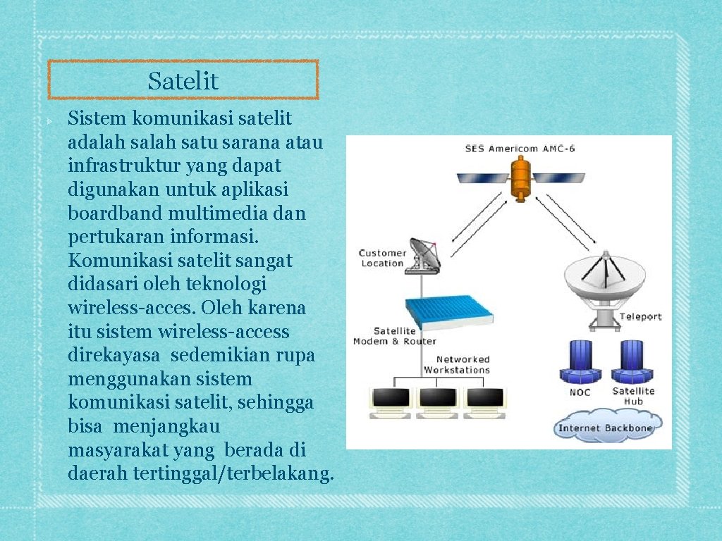 Satelit Sistem komunikasi satelit adalah satu sarana atau infrastruktur yang dapat digunakan untuk aplikasi