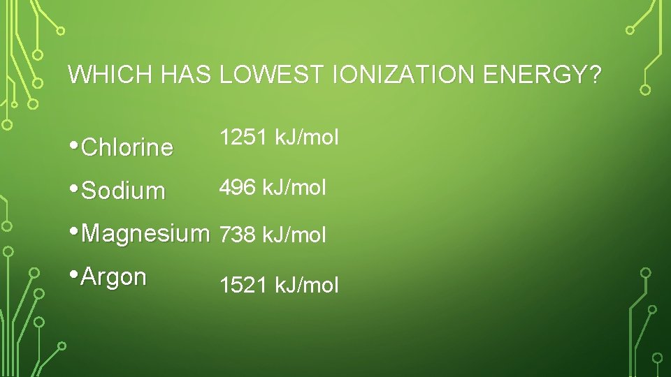 WHICH HAS LOWEST IONIZATION ENERGY? 1251 k. J/mol • Chlorine 496 k. J/mol •