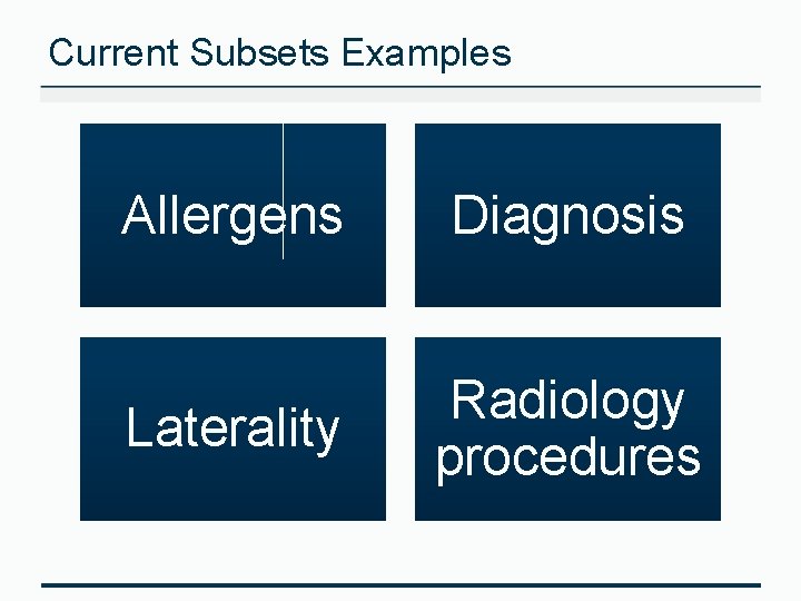 Current Subsets Examples Allergens Diagnosis Laterality Radiology procedures 