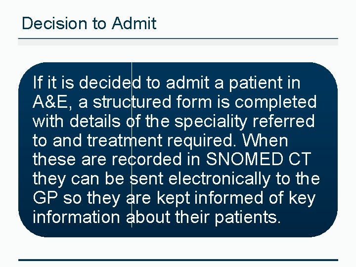 Decision to Admit If it is decided to admit a patient in A&E, a