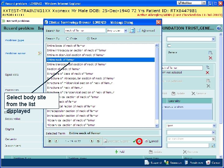 Select body site from the list displayed 