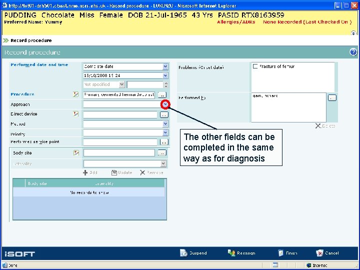 The other fields can be completed in the same way as for diagnosis 