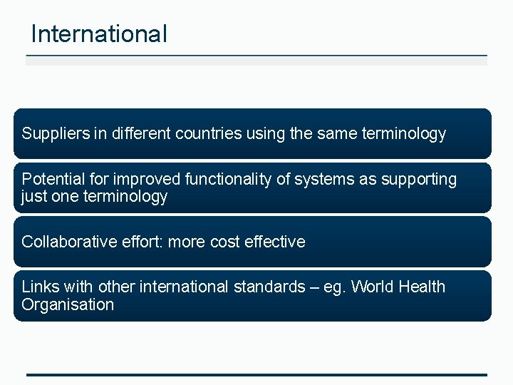 International Suppliers in different countries using the same terminology Potential for improved functionality of