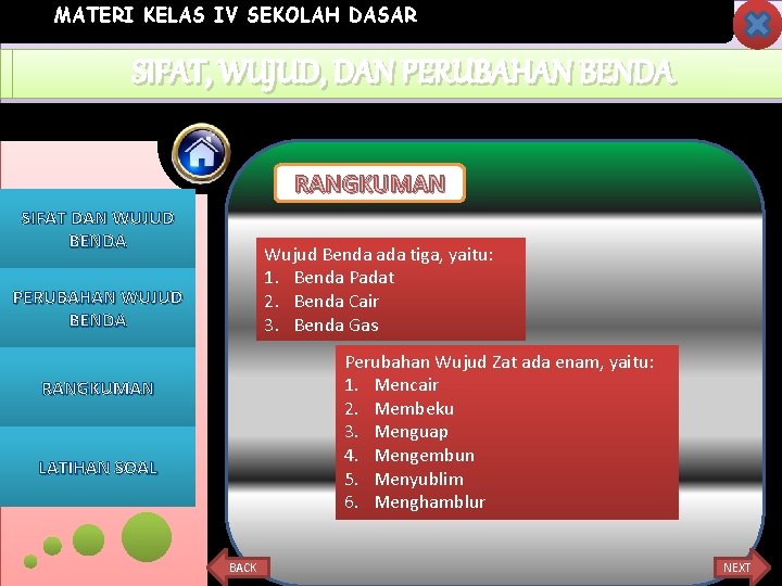 MATERI KELAS IV SEKOLAH DASAR SIFAT, WUJUD, DAN KEGUNAAN PERUBAHANBENDA RANGKUMAN SIFAT DAN WUJUD