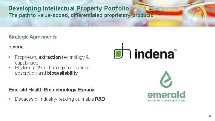 Developing Intellectual Property Portfolio The path to value-added, differentiated proprietary products Strategic Agreements Indena