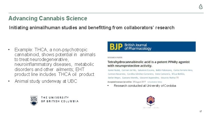 Advancing Cannabis Science Initiating animal/human studies and benefitting from collaborators’ research • Example: THCA,