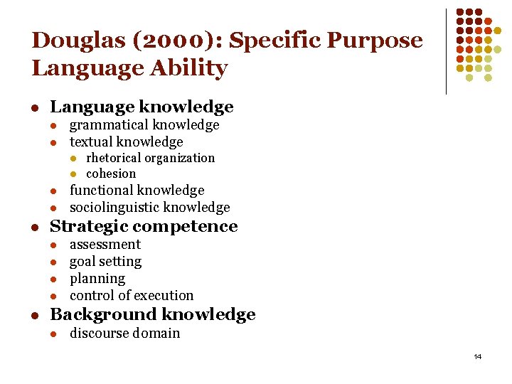 Douglas (2000): Specific Purpose Language Ability l Language knowledge l l grammatical knowledge textual