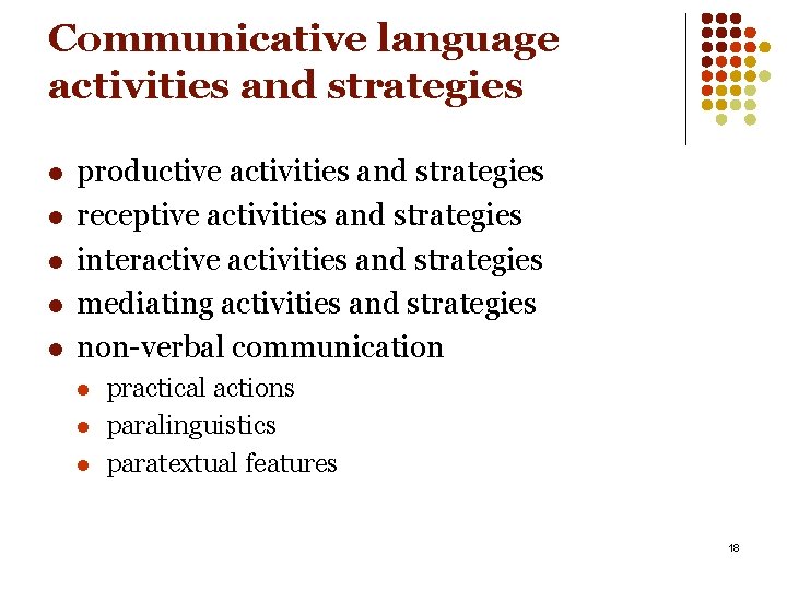 Communicative language activities and strategies l l l productive activities and strategies receptive activities