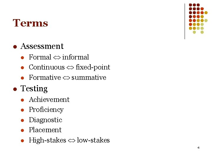 Terms l Assessment l l Formal informal Continuous fixed-point Formative summative Testing l l