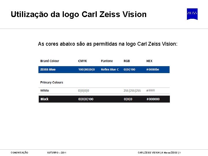 Utilização da logo Carl Zeiss Vision As cores abaixo são as permitidas na logo