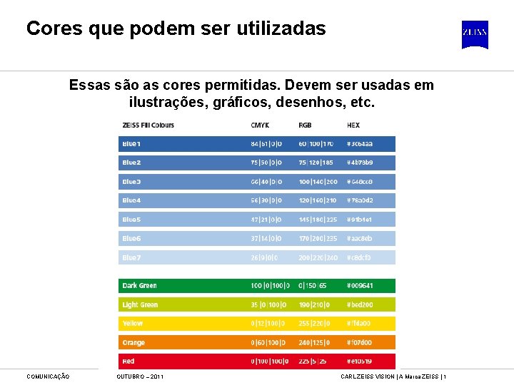 Cores que podem ser utilizadas Essas são as cores permitidas. Devem ser usadas em