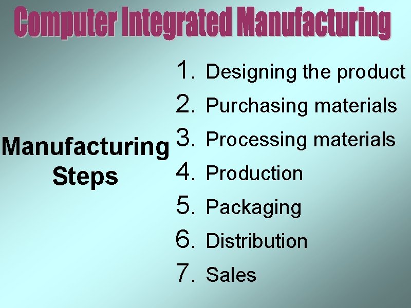 1. 2. 3. Manufacturing 4. Steps 5. 6. 7. Designing the product Purchasing materials