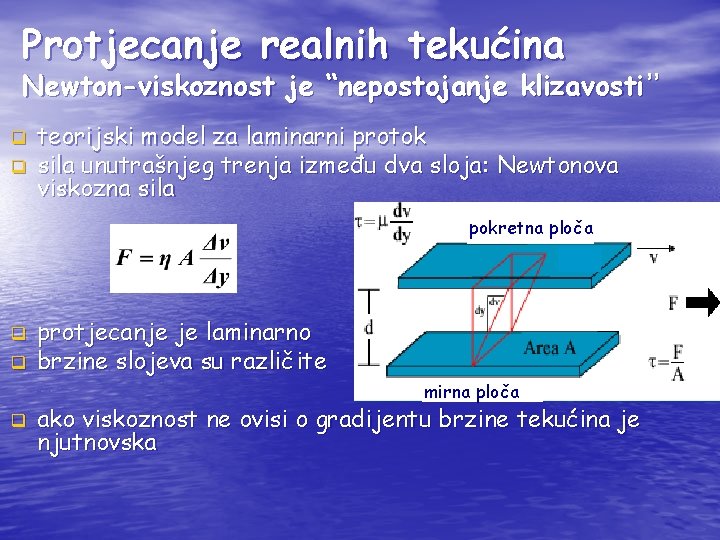 Protjecanje realnih tekućina Newton-viskoznost je “nepostojanje klizavosti” q q teorijski model za laminarni protok