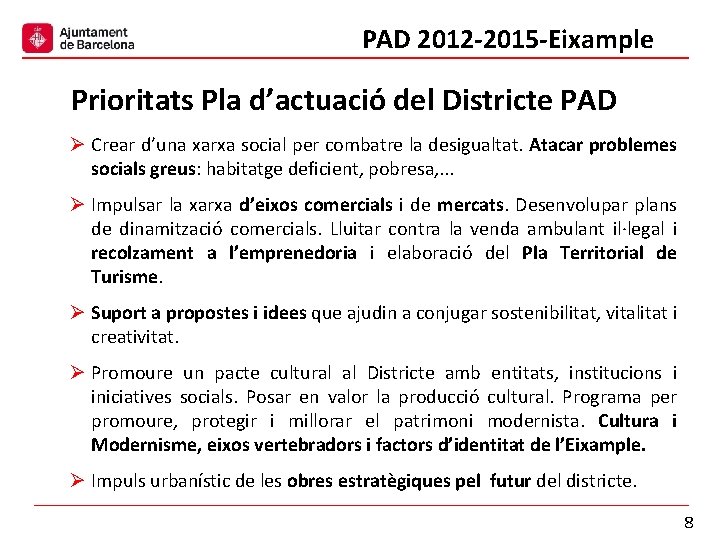 PAD 2012 -2015 -Eixample Prioritats Pla d’actuació del Districte PAD Ø Crear d’una xarxa