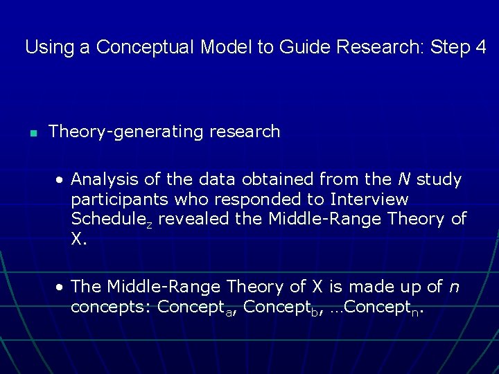Using a Conceptual Model to Guide Research: Step 4 n Theory-generating research • Analysis