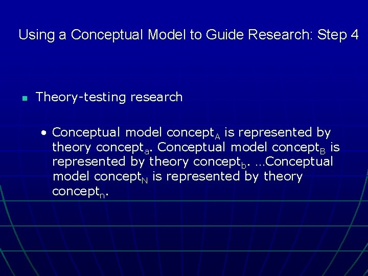Using a Conceptual Model to Guide Research: Step 4 n Theory-testing research • Conceptual