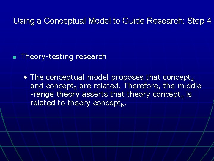 Using a Conceptual Model to Guide Research: Step 4 n Theory-testing research • The
