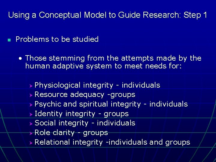Using a Conceptual Model to Guide Research: Step 1 n Problems to be studied