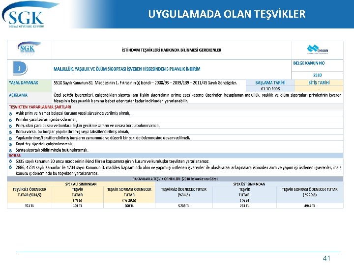 UYGULAMADA OLAN TEŞVİKLER 41 