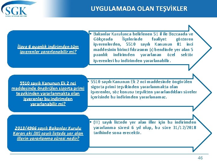 UYGULAMADA OLAN TEŞVİKLER İlave 6 puanlık indirimden tüm işverenler yararlanabilir mi? • 5510 sayılı