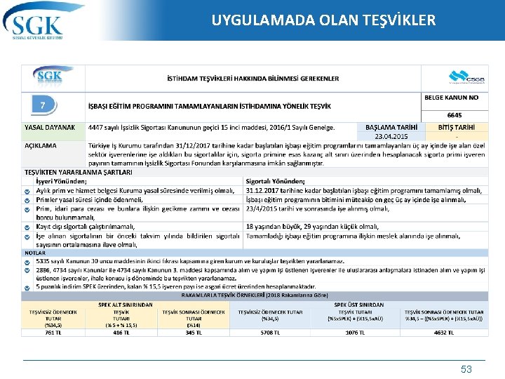 UYGULAMADA OLAN TEŞVİKLER 53 