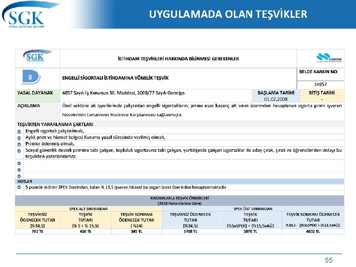 UYGULAMADA OLAN TEŞVİKLER 55 