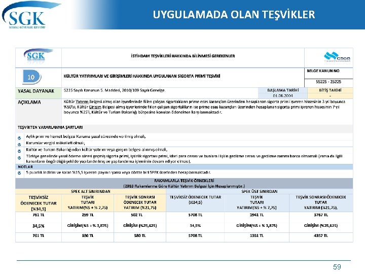 UYGULAMADA OLAN TEŞVİKLER 59 