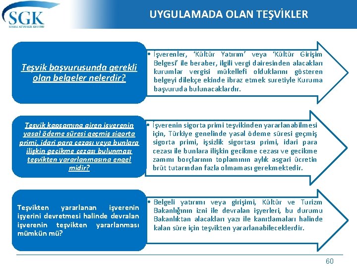 UYGULAMADA OLAN TEŞVİKLER Teşvik başvurusunda gerekli olan belgeler nelerdir? • İşverenler, ‘Kültür Yatırım’ veya