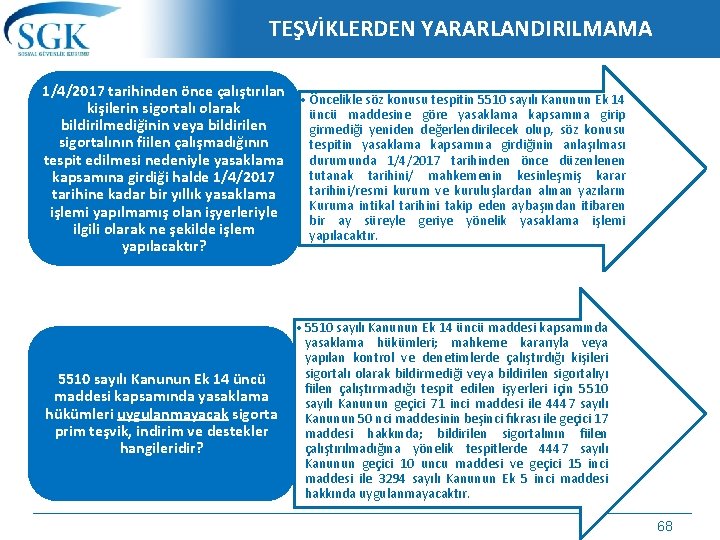 TEŞVİKLERDEN YARARLANDIRILMAMA 1/4/2017 tarihinden önce çalıştırılan • Öncelikle söz konusu tespitin 5510 sayılı Kanunun