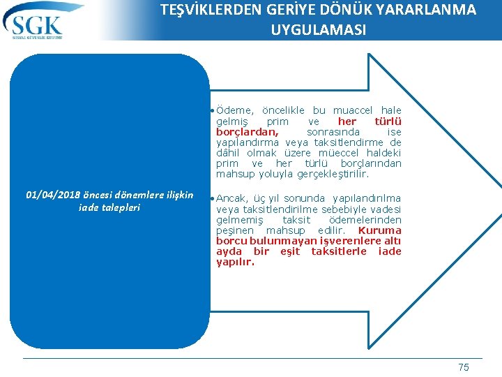 TEŞVİKLERDEN GERİYE DÖNÜK YARARLANMA UYGULAMASI • Ödeme, öncelikle bu muaccel hale gelmiş prim ve