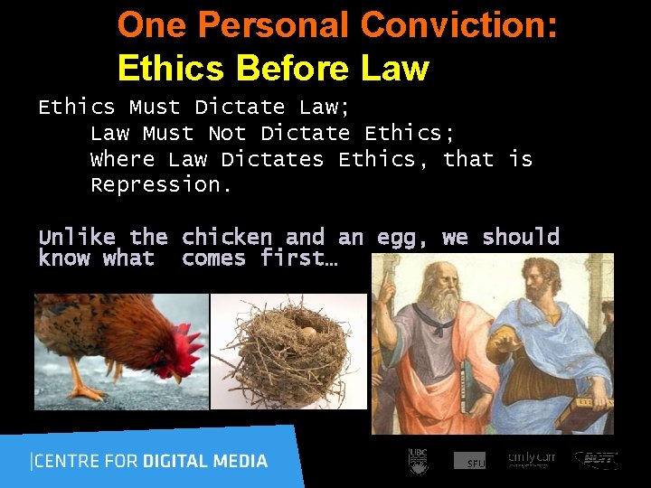 One Personal Conviction: Ethics Before Law Ethics Must Dictate Law; Law Must Not Dictate