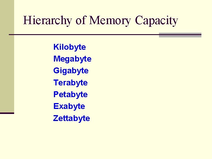 Hierarchy of Memory Capacity Kilobyte Megabyte Gigabyte Terabyte Petabyte Exabyte Zettabyte 