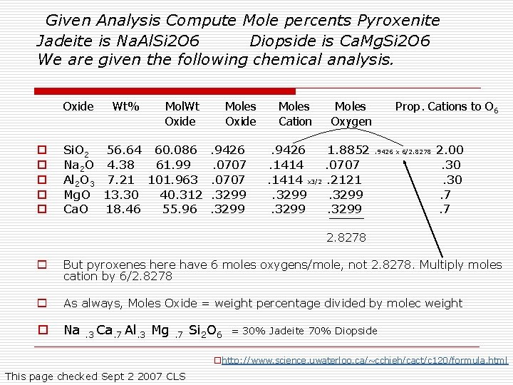 Given Analysis Compute Mole percents Pyroxenite Jadeite is Na. Al. Si 2 O 6