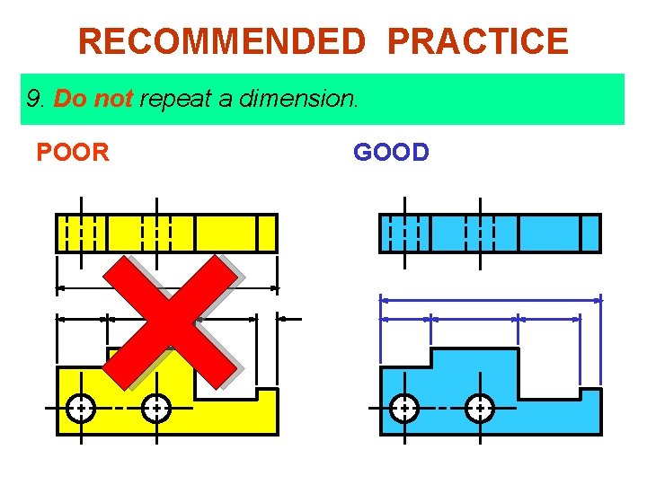 RECOMMENDED PRACTICE 9. Do not repeat a dimension. POOR GOOD 
