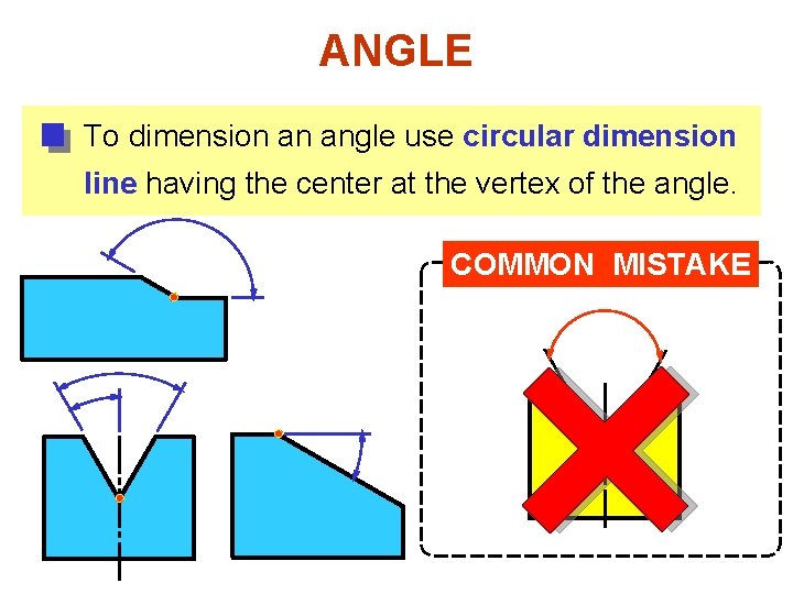 ANGLE To dimension an angle use circular dimension line having the center at the