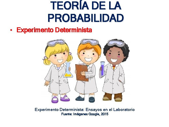 TEORÍA DE LA PROBABILIDAD • Experimento Determinista: Ensayos en el Laboratorio Fuente: Imágenes Google, TEORÍA DE LA PROBABILIDAD • Experimento Determinista: Ensayos en el Laboratorio Fuente: Imágenes Google,