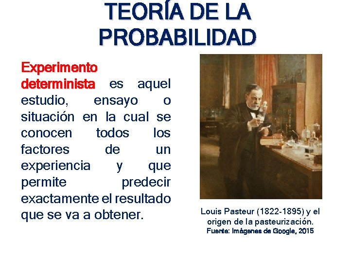TEORÍA DE LA PROBABILIDAD Experimento determinista es aquel estudio, ensayo o situación en la TEORÍA DE LA PROBABILIDAD Experimento determinista es aquel estudio, ensayo o situación en la