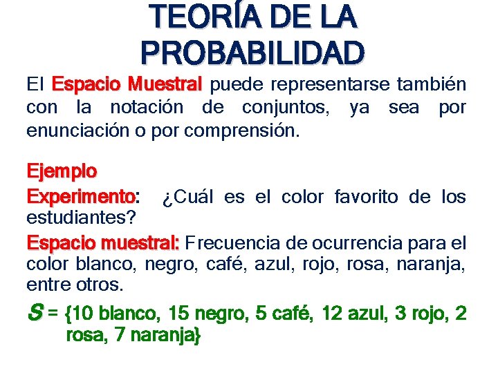 TEORÍA DE LA PROBABILIDAD El Espacio Muestral puede representarse también con la notación de TEORÍA DE LA PROBABILIDAD El Espacio Muestral puede representarse también con la notación de