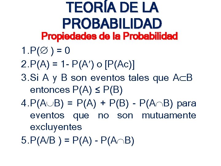 TEORÍA DE LA PROBABILIDAD Propiedades de la Probabilidad 1. P( ) = 0 2. TEORÍA DE LA PROBABILIDAD Propiedades de la Probabilidad 1. P( ) = 0 2.