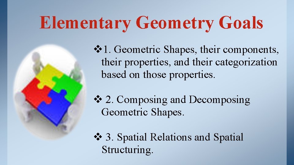 Elementary Geometry Goals v 1. Geometric Shapes, their components, their properties, and their categorization